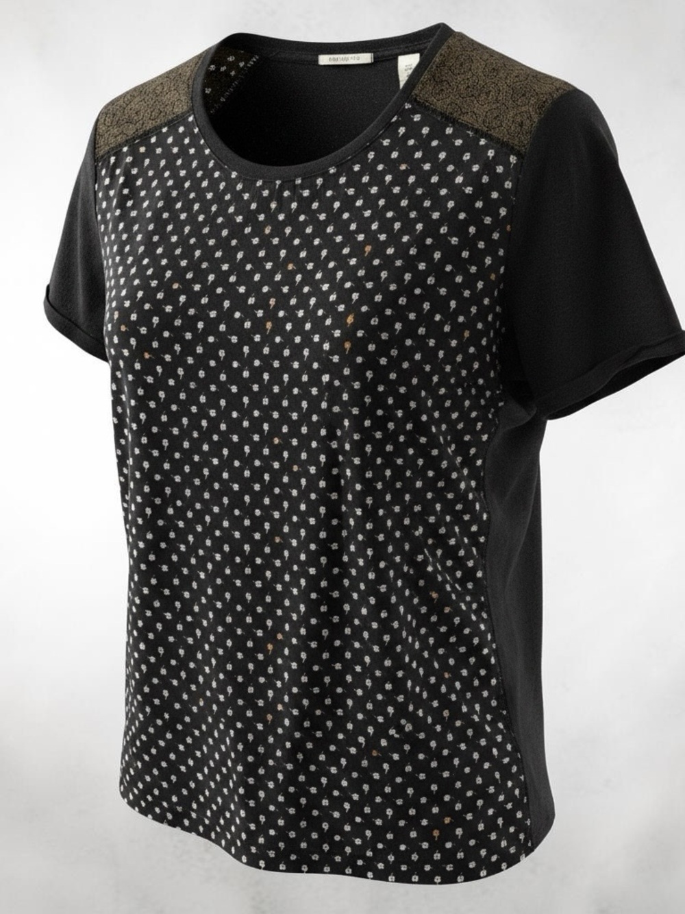 Scotch & Soda Black Short-Sleeve Printed Tee with Metallic Shoulder Panels